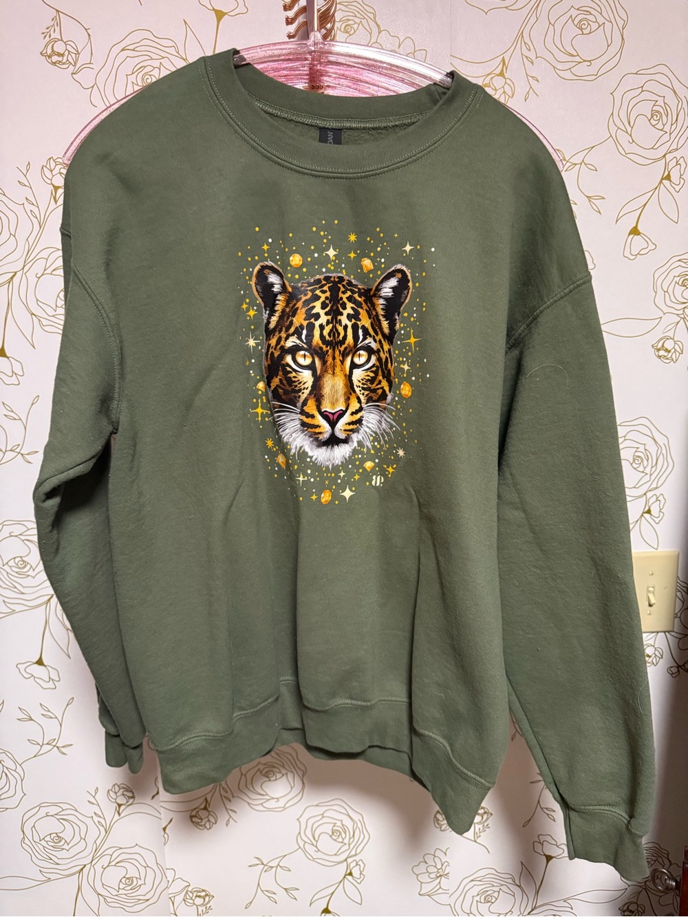 Bomb Party Olive Green Sweatshirt with Leopard Head Graphic
